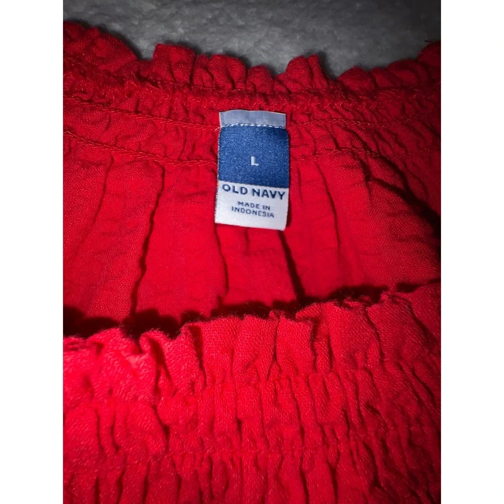 (A10) Old Navy Womens Red Smocked Square Neck Puff Sleeve Textured Top Large
